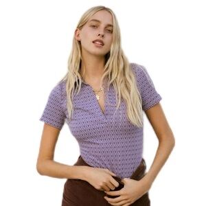 Zara Geometric Open-Back Collared V-Neck Bodysuit Lilac hippie festival Size XS